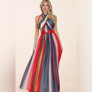 Multicolor Striped Halter Maxi Dress